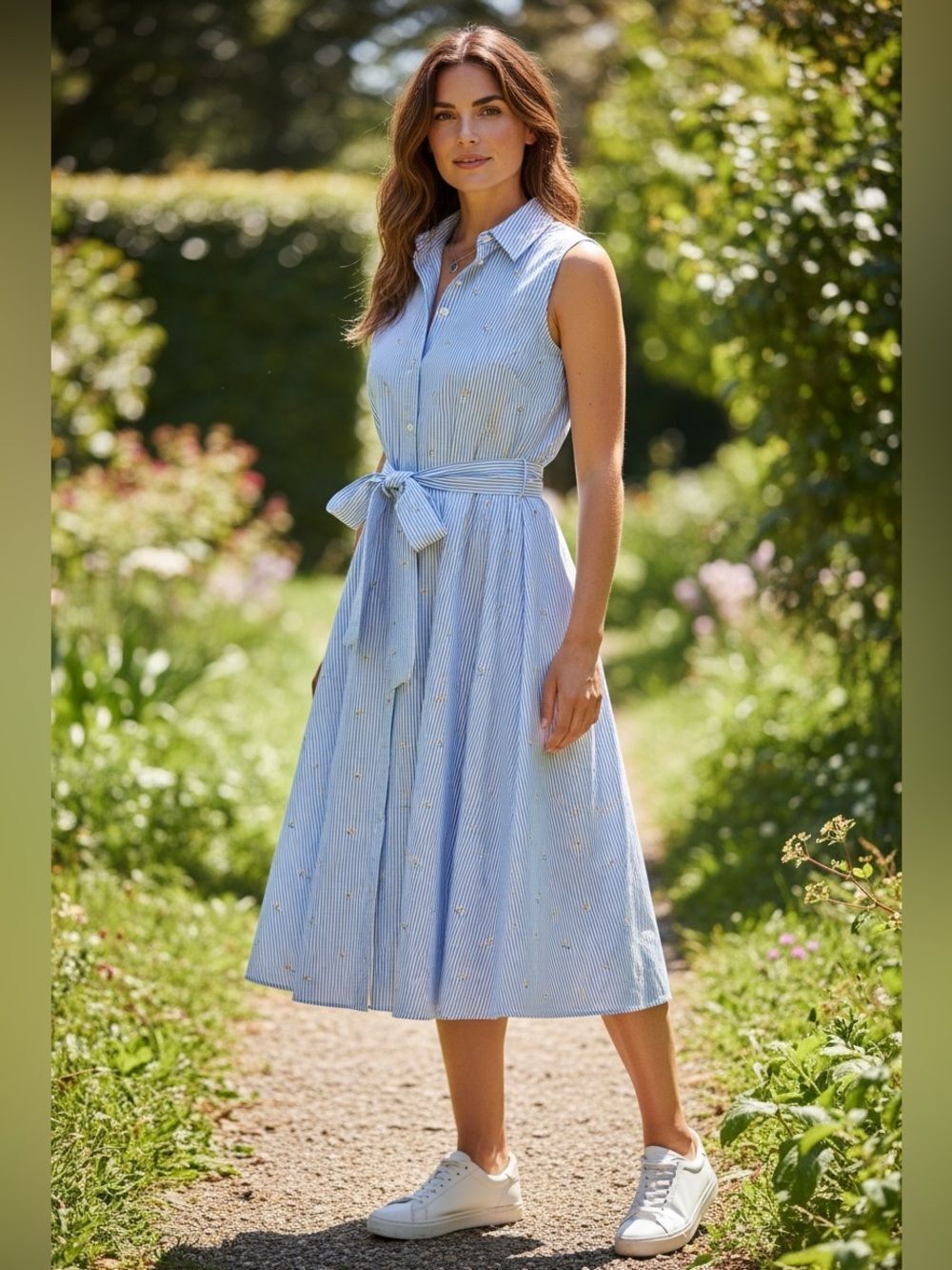 BADGLEY MISCHKA NEW SKY BLUE STRIPE FLORAL GOLD EMBROID MIDI DRESS 10 - Picture 1 of 13